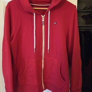 Tommy Hilfiger Red Zip-Front Hooded Jacket with Gold Zipper